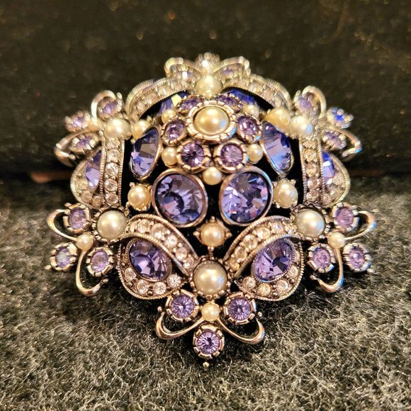 Joan Rivers Silver Dome Brooch w/ Purple, Clear Rhinestones and Faux Pearls - Picture 2 of 6